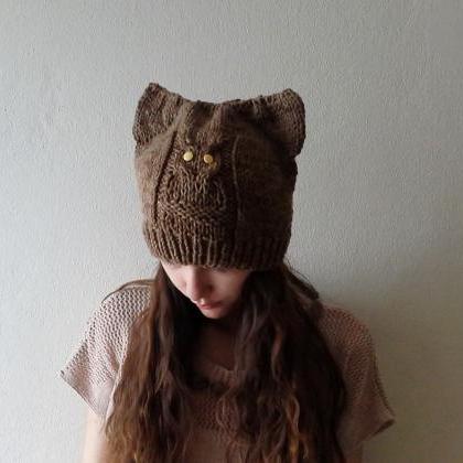 Hand Knitted Brown Kitty Cat Ears Beanie Cable..