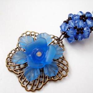 Cobalt Blue Beadwork Choker Necklace Fligre Flower..