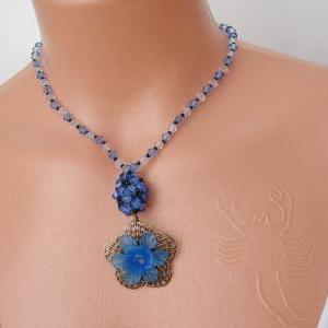 Cobalt Blue Beadwork Choker Necklace Fligre Flower..
