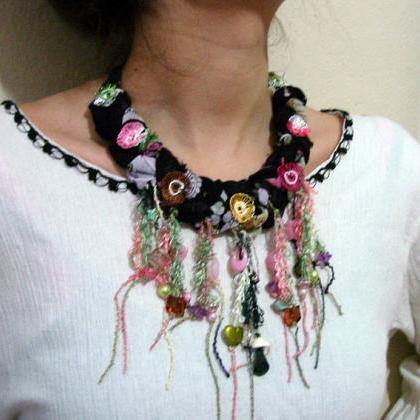 Braided Black Necklace, Crochet Flower , Colorful..