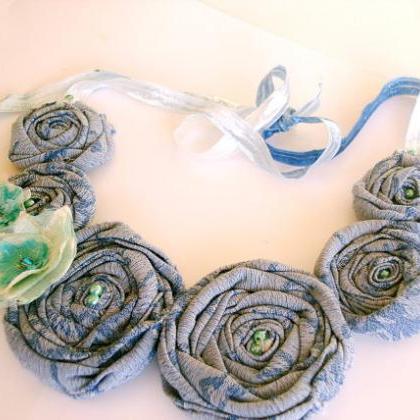 Blue Bib Necklace /recycled/upcycled Fabric