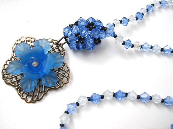 Cobalt Blue Beadwork Choker Necklace Fligre Flower And Beaded Bud