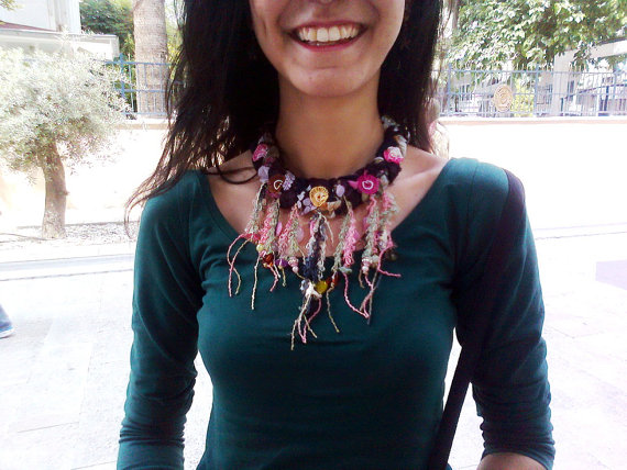 Braided Black Necklace, Crochet Flower , Colorful Fringe Necklace