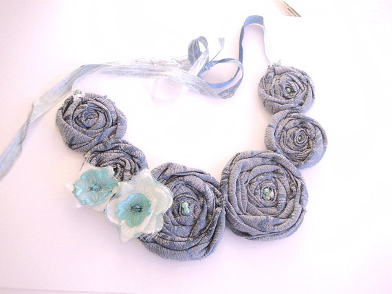 Blue Bib Necklace /recycled/upcycled Fabric