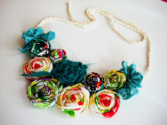 Green Tone Rosette Statement Necklace, Rolled Rosette Bib Necklace